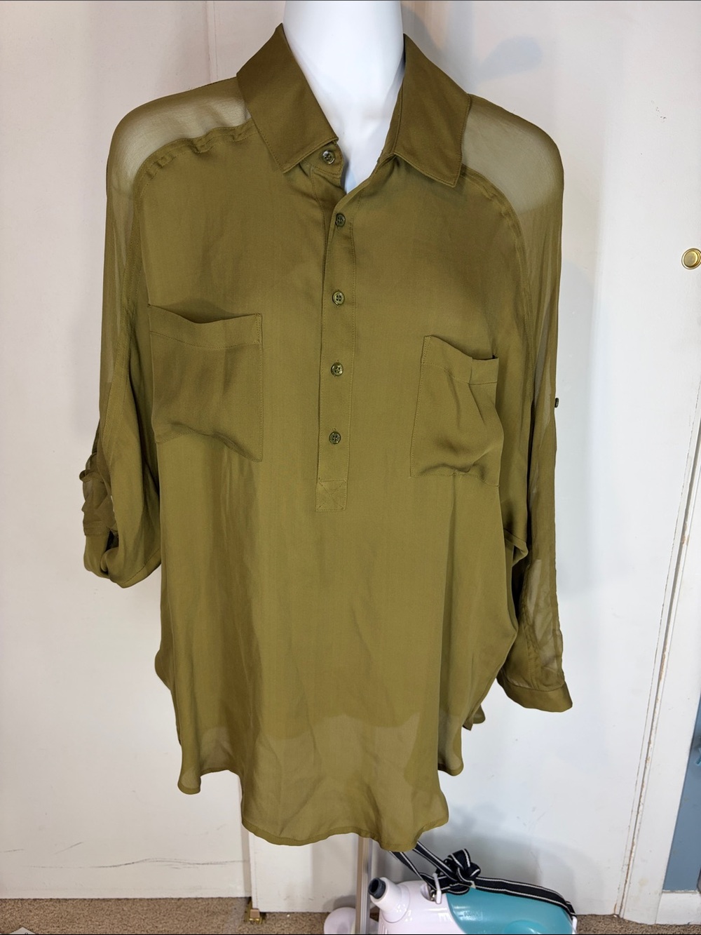 Small Haute Hippie Sheer Olive Green Lightweight Button Pullover Shirt new $275